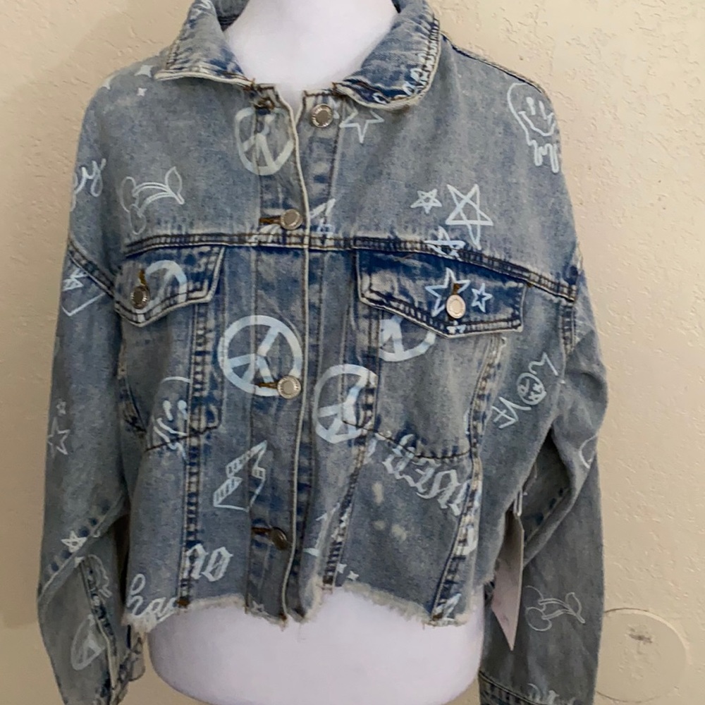 Angel Kiss distressed denim jacket with graffiti NWT
